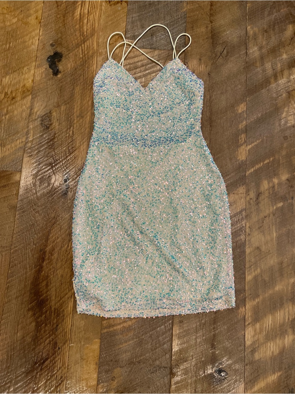 Sequin Spaghetti Strap Mini Dress in Iridescent Aqua